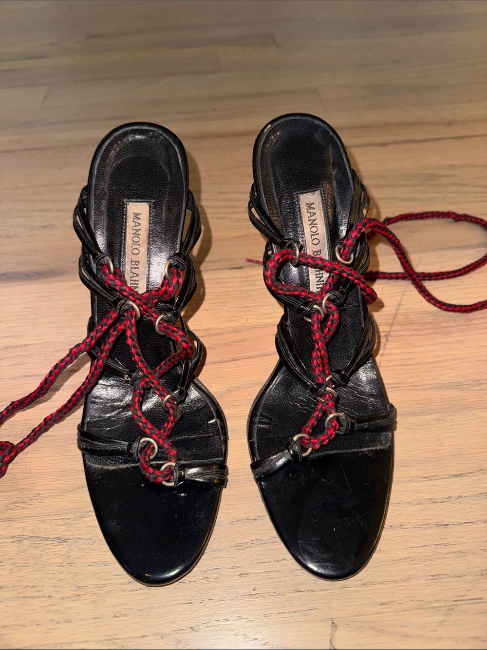 Manolo Blahnik Black Leather Lace-Up Sandals with Red Braided Laces